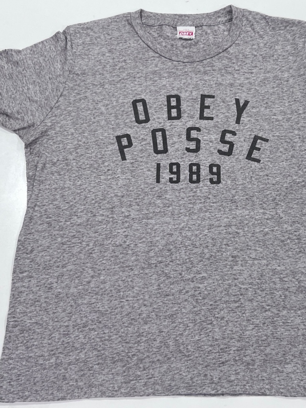 Obey Heather Gray Women’s Graphic Tee with Black Print, size Large